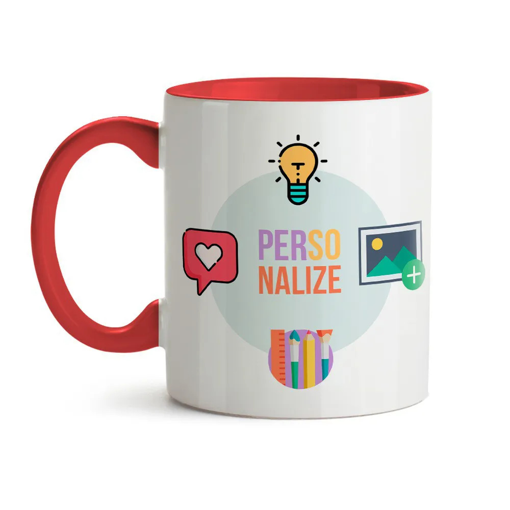 Caneca Cerâmica Branca - Alça e Interior Vermelho